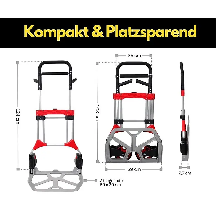 Proregal Sackkarre ELEPHANT mit klappbarer Schaufel, 250 kg Traglast & Vollgummibereifung - Aluminium, Traglast: 250 kg - Rote und silberne klappbare Sackkarre. Ausgeklappt: 124cm H, 59cm B Basis, 35cm B Griff. Zusammengeklappt: 103cm H, 7,5cm T. Ladefläche: 59x39cm.