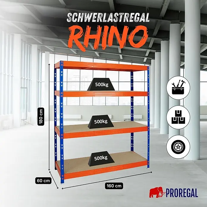 Proregal Schwerlastregal Profi RHINO - Traglast pro Boden: 500 kg, Anzahl Böden: 4 Stk., Stecken, Blau - Blau-oranges Schwerlastregal 'RHINO' mit 4 Böden, je 500kg Traglast, Maße 180x160x60 cm.
