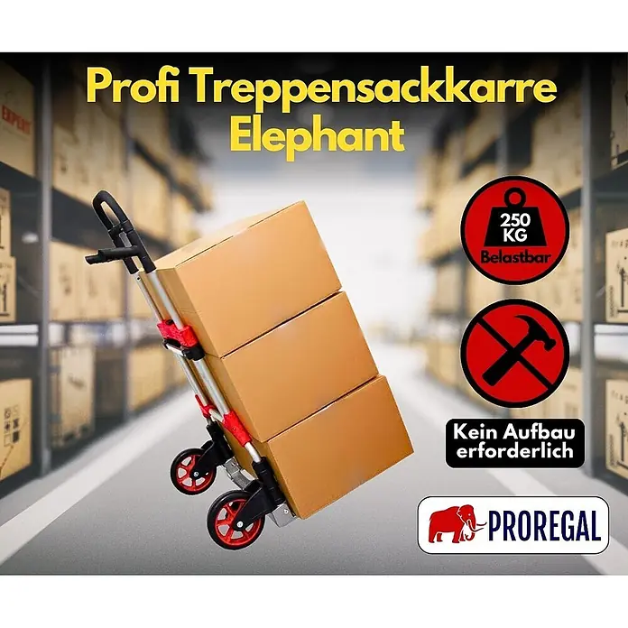 Proregal Sackkarre ELEPHANT mit klappbarer Schaufel, 250 kg Traglast & Vollgummibereifung - Aluminium, Traglast: 250 kg - Silber-schwarze Treppensackkarre mit roten Rädern, trägt drei Kartons in einem Lager, 250 kg Tragkraft.