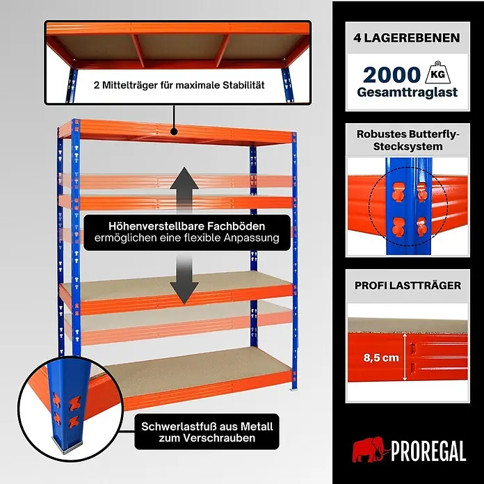 Proregal Schwerlastregal Profi RHINO - Traglast pro Boden: 500 kg, Anzahl Böden: 4 Stk., Stecken, Blau - Orange-blaues Metall-Schwerlastregal mit 4 höhenverstellbaren Böden und 2000 kg Gesamttraglast.