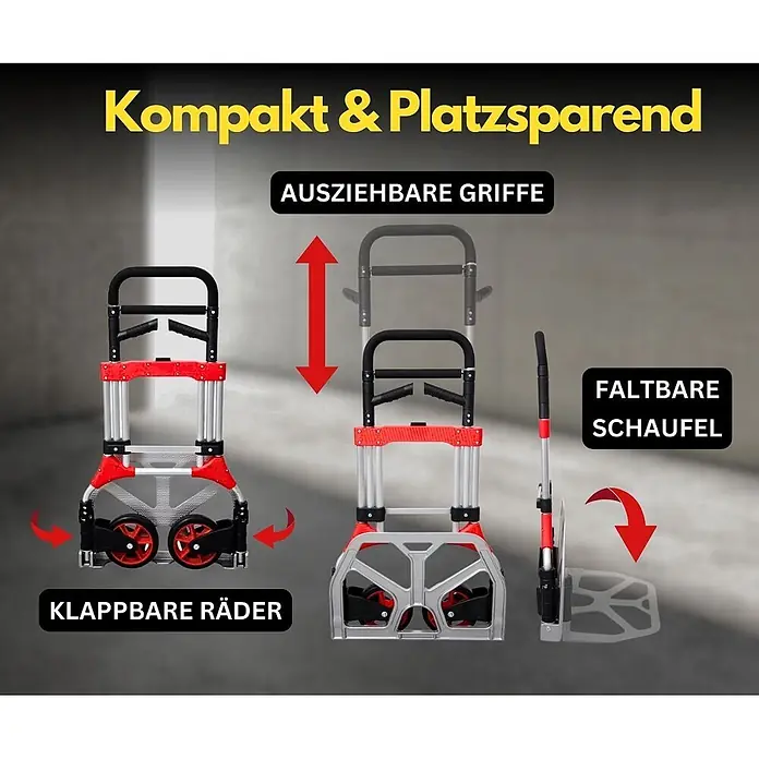 Proregal Sackkarre ELEPHANT mit klappbarer Schaufel, 250 kg Traglast & Vollgummibereifung - Aluminium, Traglast: 250 kg - Rote und silberne klappbare Sackkarre mit ausziehbarem Griff, klappbaren Rädern und Schaufel für platzsparende Lagerung.