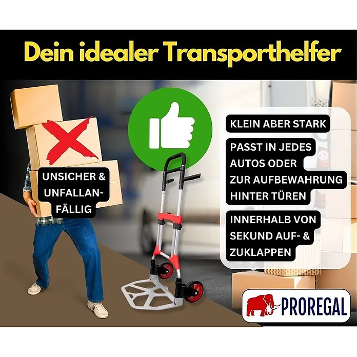 Proregal Sackkarre ELEPHANT mit klappbarer Schaufel, 250 kg Traglast & Vollgummibereifung - Aluminium, Traglast: 250 kg - Klappbarer Handwagen in Silber-Rot mit schwarzen Rädern, als sichere Transportlösung im Kontrast zu einer Person mit Kisten.
