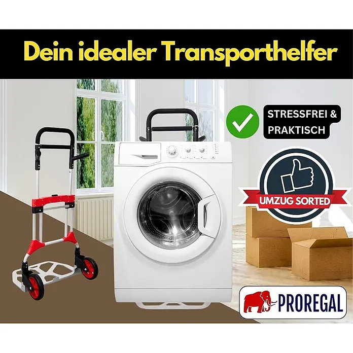 Proregal Sackkarre ELEPHANT mit klappbarer Schaufel, 250 kg Traglast & Vollgummibereifung - Aluminium, Traglast: 250 kg - Rote und silberne Klapp-Sackkarre mit einer weißen Waschmaschine auf ihrer Basis, bereit für den Transport.