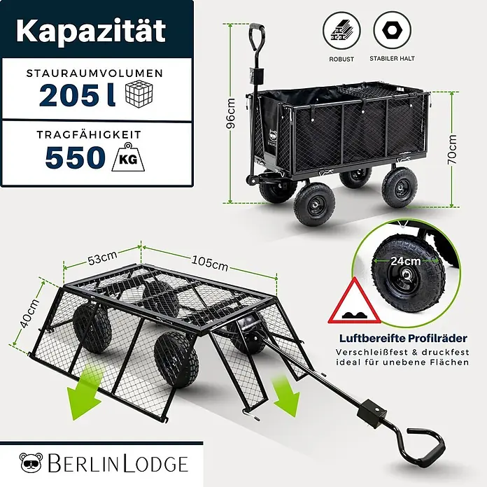 Proregal Bollerwagen All Black 205L - Traglast: 550 kg - Schwarzer Handwagen mit Metallrahmen, 205L Volumen und 550kg Traglast. Luftbereifte Profilräder für unebene Flächen.