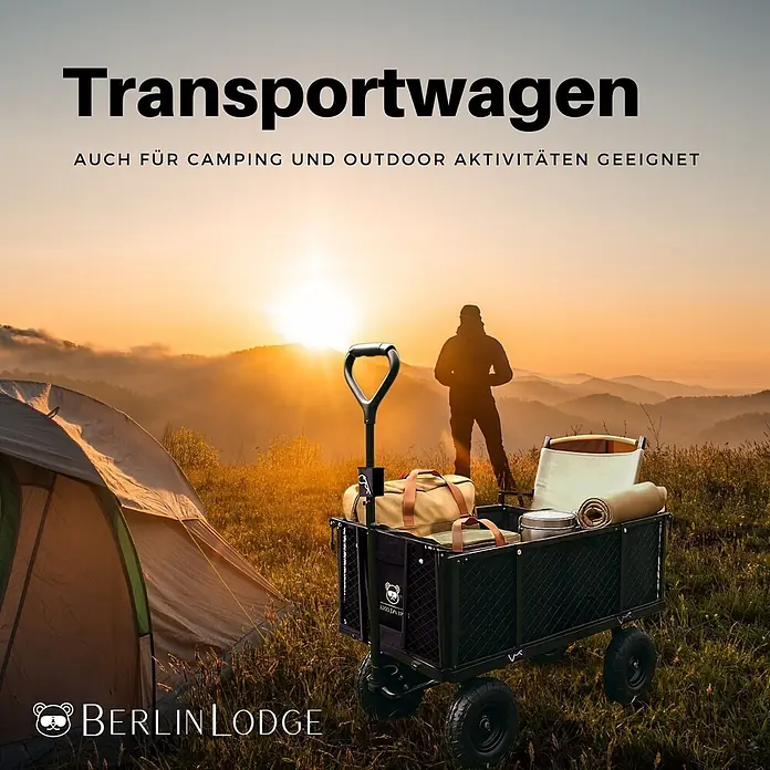 Proregal Bollerwagen All Black 205L - Traglast: 550 kg - Ein dunkler, robuster Faltwagen mit Campingausrüstung in einer Outdoor-Berglandschaft bei Sonnenuntergang. Ideal für den Transport von Ausrüstung.