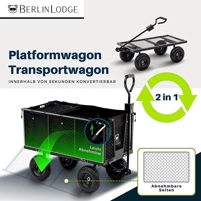 Proregal Bollerwagen All Black 205L - Traglast: 550 kg - Schwarzer 2-in-1 Plattform-Transportwagen mit abnehmbaren Gitterseiten, vielseitig einsetzbar.