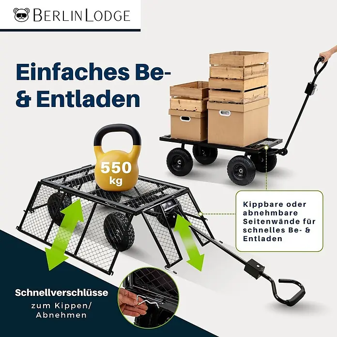 Proregal Bollerwagen All Black 205L - Traglast: 550 kg - Schwarzer Gitter-Gartenwagen mit kippbaren/abnehmbaren Wänden für leichtes Be- & Entladen. 550kg Kapazität.