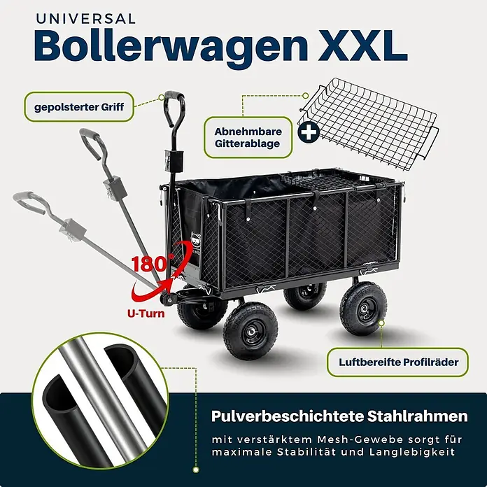Proregal Bollerwagen All Black 205L - Traglast: 550 kg - Schwarzer XXL Bollerwagen mit pulverbeschichtetem Stahlrahmen, verstärktem Netzgewebe, Luftbereifung, gepolstertem Griff und abnehmbarer Gitterablage, mit 180°-Lenkung.