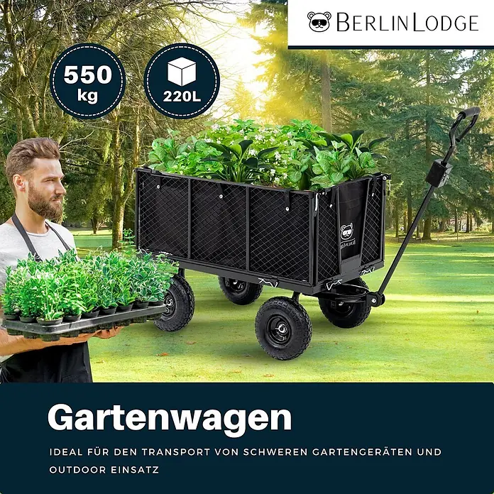 Proregal Bollerwagen All Black 205L - Traglast: 550 kg - Schwarzer Gartenwagen mit 550 kg Traglast und 220 L Volumen für Transport im Garten und Outdoor.