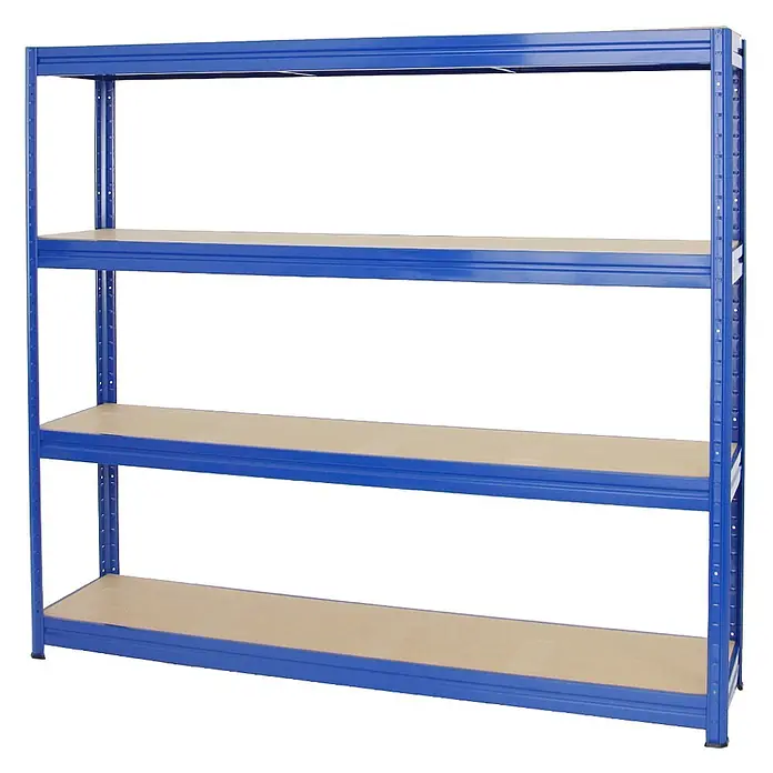 Proregal Schwerlastregal DINO - Traglast pro Boden: 500 kg, Anzahl Böden: 4 Stk., Stecken, Blau - Blaues Metallregal mit vier Holzablagen für vielseitige Lagerung.