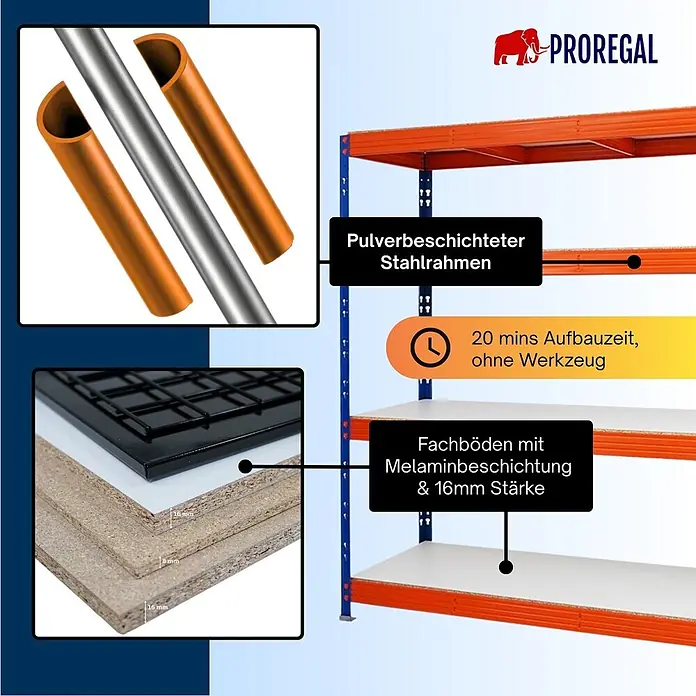 Proregal Schwerlastregal Profi RHINO - H x B x T: 200 x 200 x 60 cm, Traglast pro Boden: 500 kg, Anzahl Böden: 4 Stk., Stecken, Schwarz - Blau-oranges pulverbeschichtetes Stahlregal mit weißen, 16mm starken Melaminböden.
