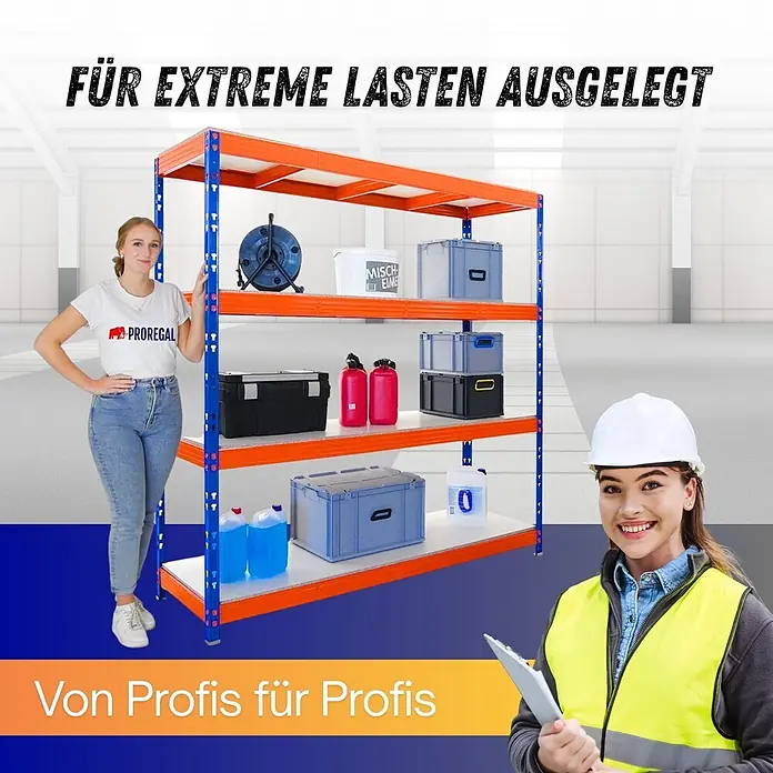 Proregal Schwerlastregal Profi RHINO - H x B x T: 200 x 200 x 60 cm, Traglast pro Boden: 500 kg, Anzahl Böden: 4 Stk., Stecken, Schwarz - Robustes blau-orange Schwerlastregal, betont professionellen Einsatz und Stabilität.