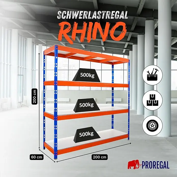Proregal Schwerlastregal Profi RHINO - H x B x T: 200 x 200 x 60 cm, Traglast pro Boden: 500 kg, Anzahl Böden: 4 Stk., Stecken, Schwarz - Blau-oranges Schwerlastregal, 200cm hoch, 200cm lang, 60cm tief, mit 500kg Traglast pro Boden.