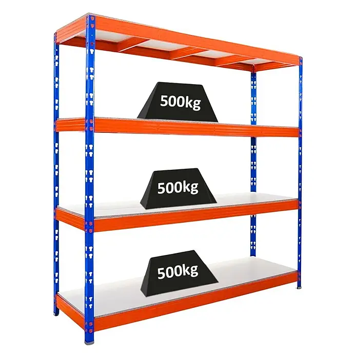 Proregal Schwerlastregal Profi RHINO - H x B x T: 200 x 200 x 60 cm, Traglast pro Boden: 500 kg, Anzahl Böden: 4 Stk., Stecken, Schwarz - Schwerlast-Metallregal mit blauen Pfosten und orangen Trägern, vier Regalböden für hohe Traglast.