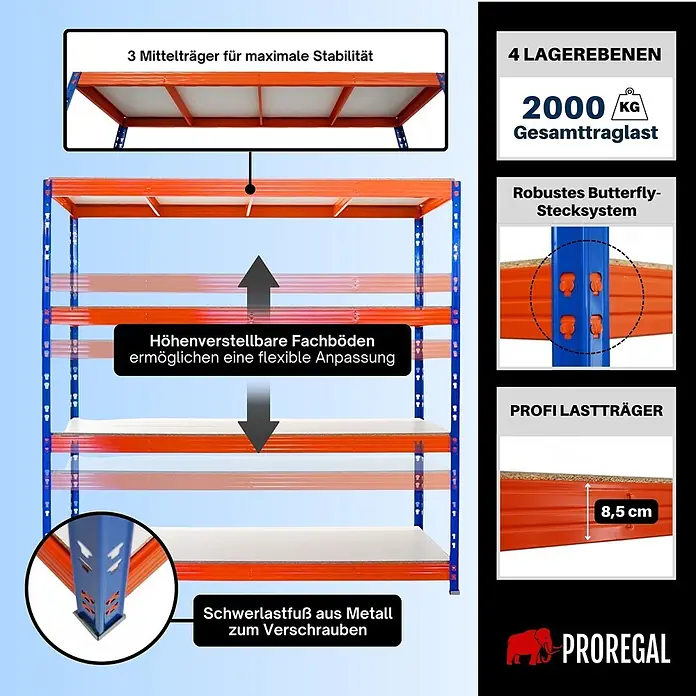 Proregal Schwerlastregal Profi RHINO - H x B x T: 200 x 200 x 60 cm, Traglast pro Boden: 500 kg, Anzahl Böden: 4 Stk., Stecken, Schwarz - Ein Schwerlastregal aus Metall in Orange und Blau mit weißen, verstellbaren Fachböden und 2000 kg Gesamttraglast.