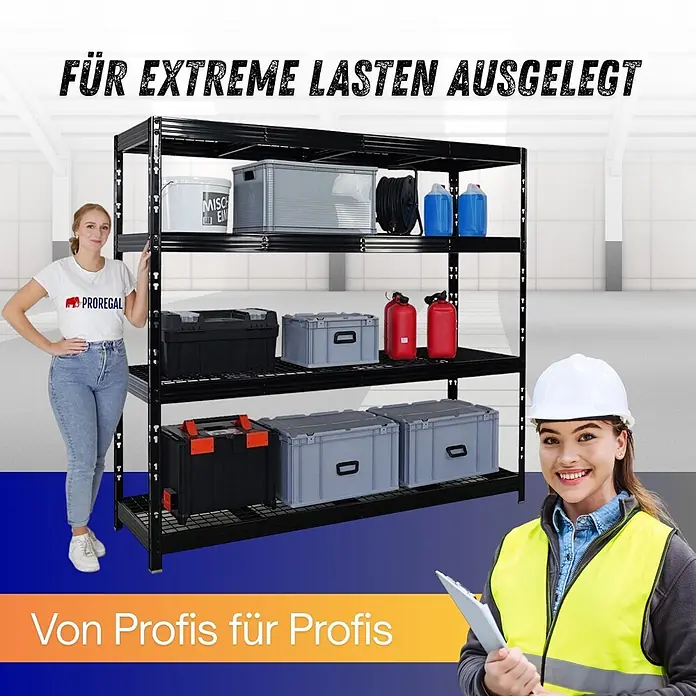 Proregal Schwerlastregal Profi RHINO - Traglast pro Boden: 500 kg, Anzahl Böden: 4 Stk., Stecken, Schwarz - Schwarzes Hochleistungs-Metallregal, voll beladen mit Lagerbehältern und Werkzeugen, zeigt seine robuste Tragfähigkeit.