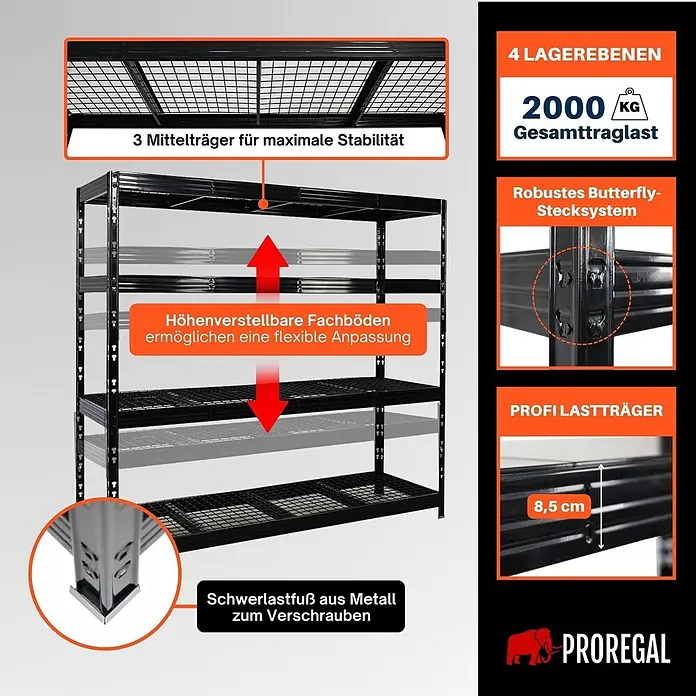 Proregal Schwerlastregal Profi RHINO - Traglast pro Boden: 500 kg, Anzahl Böden: 4 Stk., Stecken, Schwarz - Schwarzes Metall Schwerlastregal mit 4 höhenverstellbaren Ebenen, robuster Konstruktion und 2000 kg Gesamttraglast.