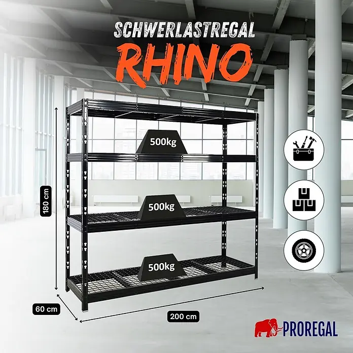 Proregal Schwerlastregal Profi RHINO - Traglast pro Boden: 500 kg, Anzahl Böden: 4 Stk., Stecken, Schwarz - Schwarzes Schwerlastregal aus Metall (180x200x60cm), 500kg Traglast pro Boden, für Industriebereiche.