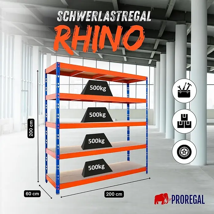 Proregal Schwerlastregal Profi RHINO - Traglast pro Boden: 500 kg, Anzahl Böden: 5 Stk., Stecken, Schwarz - Blau-orange Schwerlastregal RHINO mit 4 Böden, je 500kg Traglast, Maße 200x200x60cm.