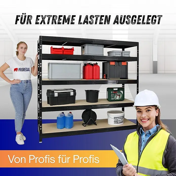 Proregal Schwerlastregal Profi RHINO - H x B x T: 180 x 200 x 60 cm, Traglast pro Boden: 500 kg, Anzahl Böden: 5 Stk., Stecken, Schwarz - Großes schwarzes Metallregal mit Holzbrettern, beladen mit verschiedenen schweren Gegenständen, in professioneller Umgebung mit zwei Frauen.