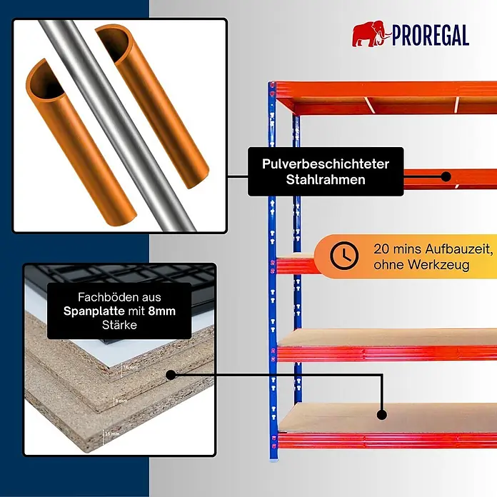 Proregal Schwerlastregal Profi RHINO - Traglast pro Boden: 500 kg, Anzahl Böden: 5 Stk., Stecken, Schwarz - Lagerregal mit pulverbeschichtetem Stahlrahmen (orange/blau) und 8mm Spanplattenböden. Werkzeuglose Montage in 20 Min.