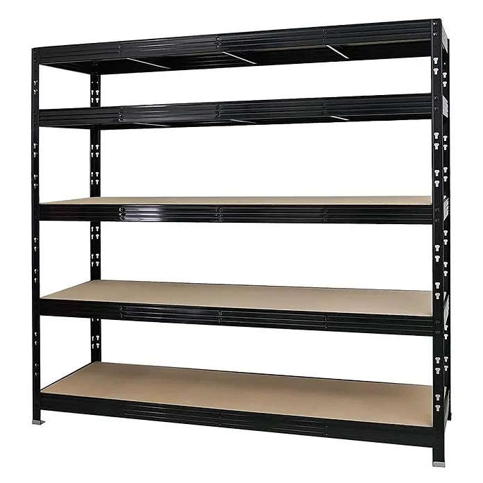 Proregal Schwerlastregal Profi RHINO - H x B x T: 180 x 200 x 60 cm, Traglast pro Boden: 500 kg, Anzahl Böden: 5 Stk., Stecken, Schwarz - Schwarzes Metallregal mit 5 braunen Holzablagen zur Aufbewahrung.