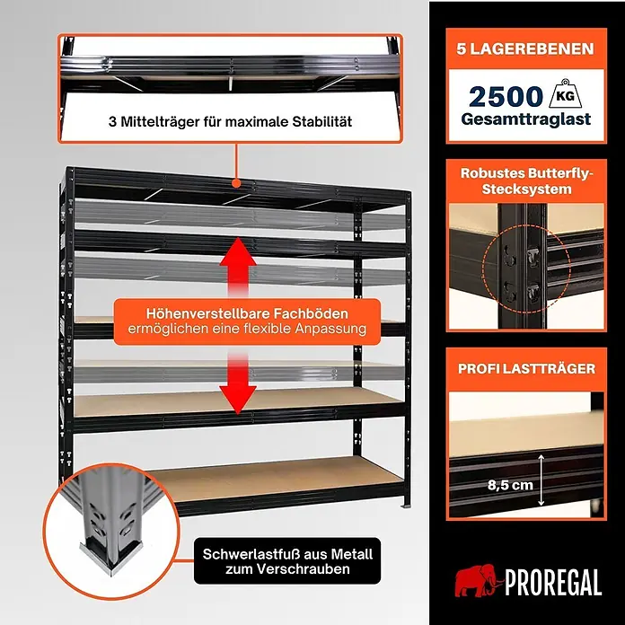 Proregal Schwerlastregal Profi RHINO - H x B x T: 180 x 200 x 60 cm, Traglast pro Boden: 500 kg, Anzahl Böden: 5 Stk., Stecken, Schwarz - Schwarzes Metall-Schwerlastregal mit 5 höhenverstellbaren Holzebenen und 2500 kg Gesamttraglast.