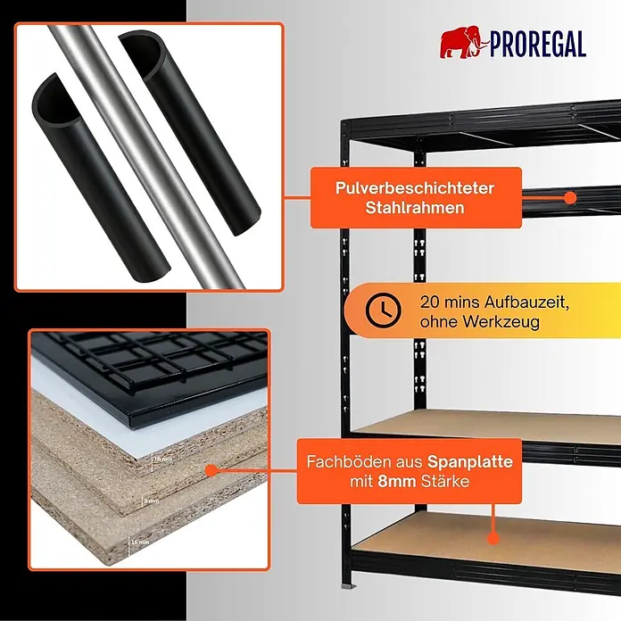 Proregal Schwerlastregal Profi RHINO - H x B x T: 180 x 200 x 60 cm, Traglast pro Boden: 500 kg, Anzahl Böden: 5 Stk., Stecken, Schwarz - Schwarzes Schwerlastregal mit pulverbeschichtetem Stahlrahmen und 8 mm Spanplattenböden.