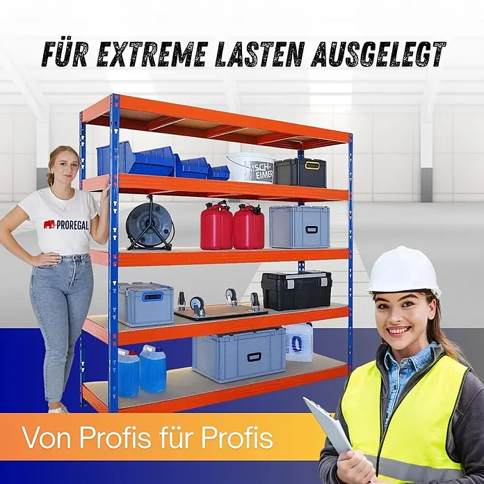 Proregal Schwerlastregal Profi RHINO - Traglast pro Boden: 500 kg, Anzahl Böden: 5 Stk., Stecken, Schwarz - Blau-oranges Schwerlastregal, gefüllt mit verschiedenen Gegenständen, betont seine robuste Konstruktion für extreme Lasten.