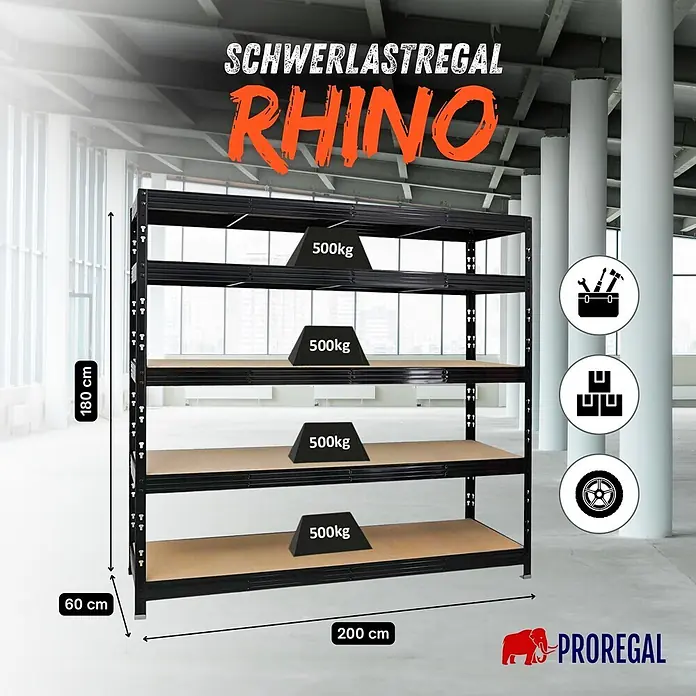 Proregal Schwerlastregal Profi RHINO - H x B x T: 180 x 200 x 60 cm, Traglast pro Boden: 500 kg, Anzahl Böden: 5 Stk., Stecken, Schwarz - Schwerlastregal RHINO aus schwarzem Metall mit fünf Holzablagen, je 500kg tragfähig. Maße: 180x200x60cm.