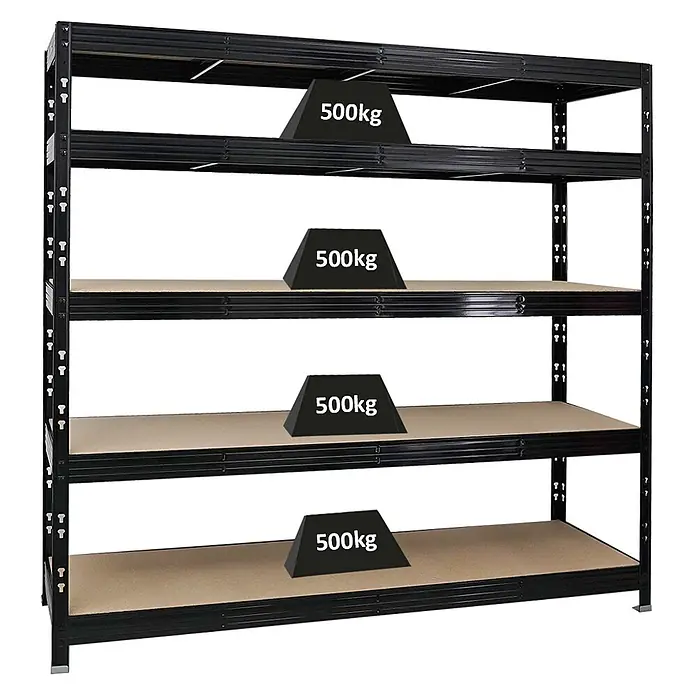 Proregal Schwerlastregal Profi RHINO - H x B x T: 180 x 200 x 60 cm, Traglast pro Boden: 500 kg, Anzahl Böden: 5 Stk., Stecken, Schwarz - Schwarzes Metallregal mit 5 Holzablagen, Kapazität 500kg pro Ablage.