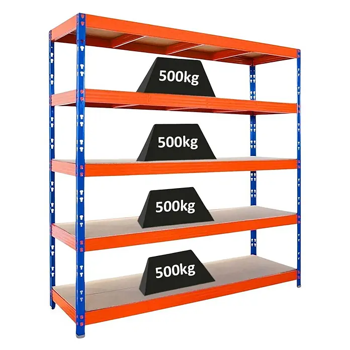 Proregal Schwerlastregal Profi RHINO - Traglast pro Boden: 500 kg, Anzahl Böden: 5 Stk., Stecken, Schwarz - Blau-oranges Schwerlast-Metallregal mit vier Fachböden, jeder für 500kg Last, hohe Tragfähigkeit.