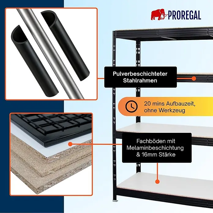 Proregal Schwerlastregal Profi RHINO - Traglast pro Boden: 500 kg, Anzahl Böden: 4 Stk., Stecken, Schwarz - Schwarzes Industrieregal mit pulverbeschichtetem Stahlrahmen und 16 mm melaminbeschichteten Fachböden, hervorhebend 20 Minuten werkzeuglose Montage.