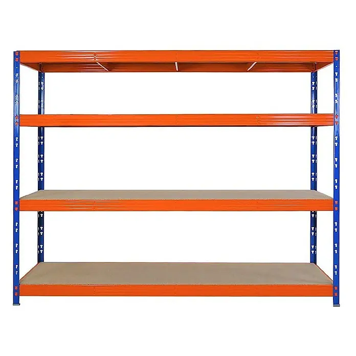 Proregal Schwerlastregal Profi RHINO - Traglast pro Boden: 450 kg, Anzahl Böden: 4 Stk., Stecken, Orange - Schwerlast-Metallregal mit vier Ebenen, blauen Pfosten, orangefarbenen Trägern und hellbraunen Ablagen.