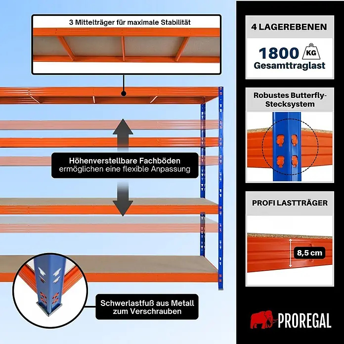 Proregal Schwerlastregal Profi RHINO - Traglast pro Boden: 450 kg, Anzahl Böden: 4 Stk., Stecken, Orange - Schwerlastregal aus Metall mit orangefarbenen Trägern, blauen Stützen, verstellbaren Holzfachböden und 1800 kg Gesamttraglast.