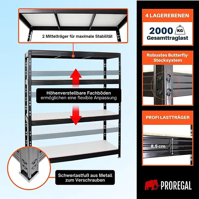 Proregal Schwerlastregal Profi RHINO - Traglast pro Boden: 500 kg, Anzahl Böden: 4 Stk., Stecken, Schwarz - Schwarzes Schwerlastregal aus Metall mit 4 höhenverstellbaren Böden, 2000 kg Gesamttraglast.