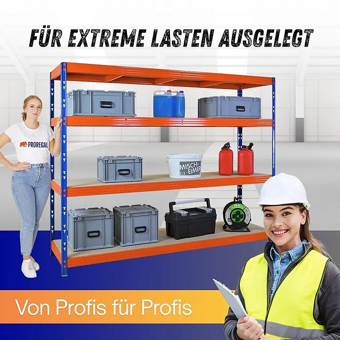 Proregal Schwerlastregal Profi RHINO - Traglast pro Boden: 450 kg, Anzahl Böden: 4 Stk., Stecken, Orange - Blau-oranges Schwerlastregal, mit verschiedenen Artikeln in einem Lager, Personen zeigen die Größe.
