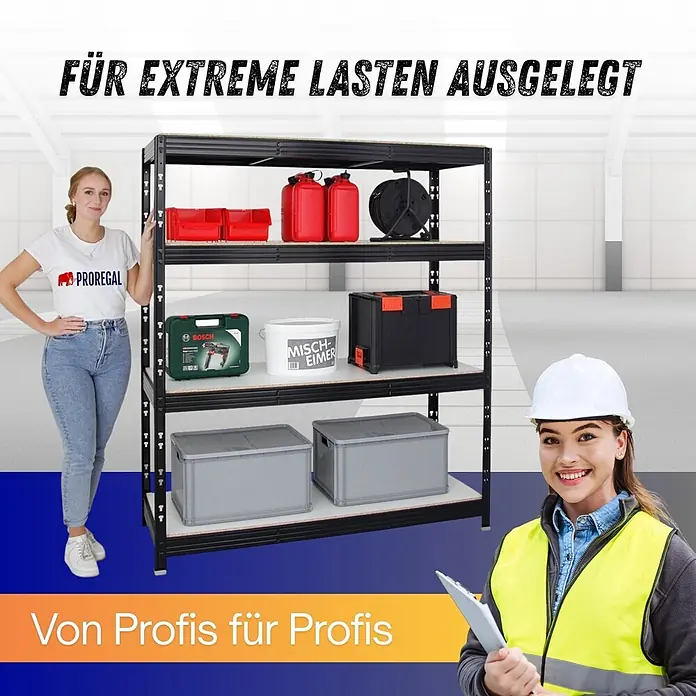 Proregal Schwerlastregal Profi RHINO - Traglast pro Boden: 500 kg, Anzahl Böden: 4 Stk., Stecken, Schwarz - Robustes schwarzes Metallregal mit Holzablagen, beladen mit Werkzeugen und Lagerbehältern, mit Personen.
