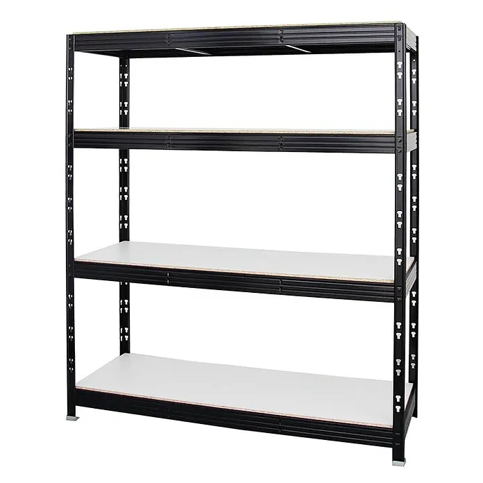 Proregal Schwerlastregal Profi RHINO - Traglast pro Boden: 500 kg, Anzahl Böden: 4 Stk., Stecken, Schwarz - Schwarzes Metallregal mit vier Holzablagen, ideal für Garage oder Abstellraum.