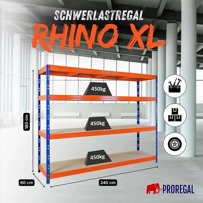 Proregal Schwerlastregal Profi RHINO - Traglast pro Boden: 450 kg, Anzahl Böden: 4 Stk., Stecken, Orange - Schwerlastregal mit orangen Fachböden und blauen Stehern, 180x60x240 cm, vier Fachböden tragen je 450kg. PROREGAL RHINO XL.