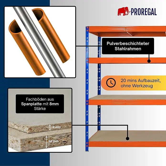 Proregal Schwerlastregal Profi RHINO - Traglast pro Boden: 450 kg, Anzahl Böden: 4 Stk., Stecken, Orange - Orange-blaues Lagerregal aus pulverbeschichtetem Stahl mit 8mm Spanplattenböden. Werkzeuglose Montage in 20 Minuten.