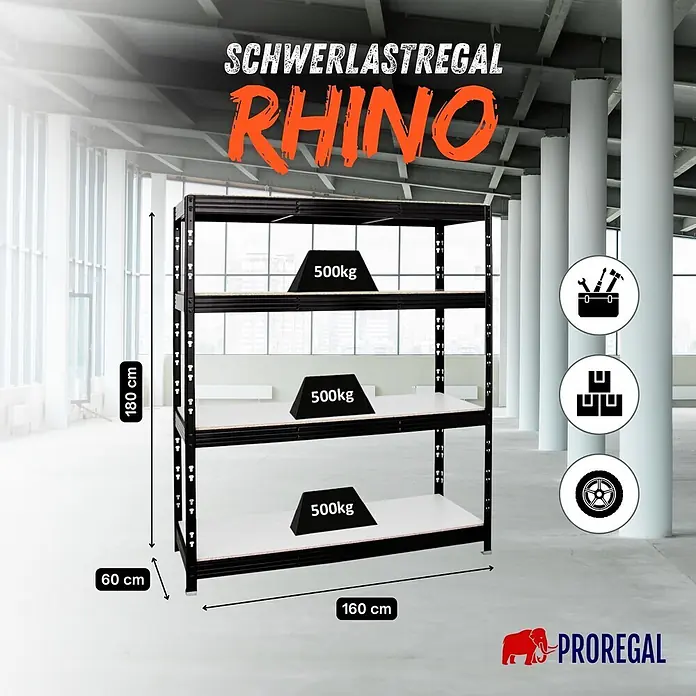 Proregal Schwerlastregal Profi RHINO - Traglast pro Boden: 500 kg, Anzahl Böden: 4 Stk., Stecken, Schwarz - Schwarzes PROREGAL RHINO Schwerlastregal, 180x160x60 cm, mit 4 Böden für je 500 kg Belastung.