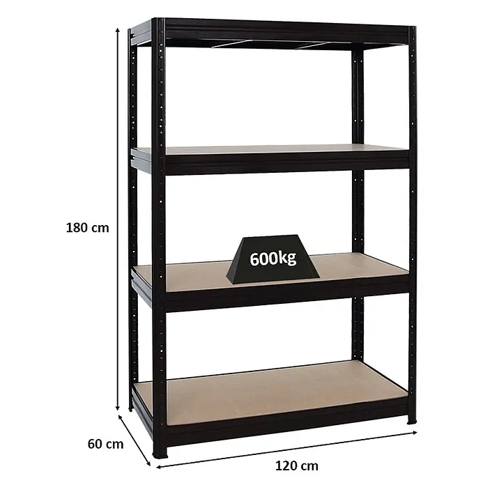 Proregal Schwerlastregal DINO - H x B x T: 180 x 120 x 60 cm, Traglast pro Boden: 600 kg, Anzahl Böden: 4 Stk., Stecken, Schwarz - Schwarzes Metall-Schwerlastregal mit 4 Holzablagen, H180xW120xD60cm, 600kg Tragkraft.