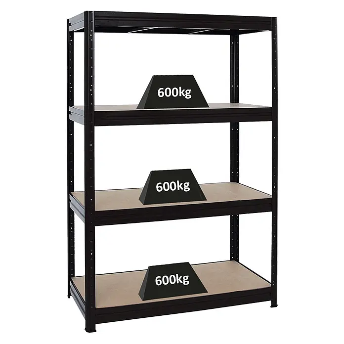 Proregal Schwerlastregal DINO - H x B x T: 180 x 120 x 60 cm, Traglast pro Boden: 600 kg, Anzahl Böden: 4 Stk., Stecken, Schwarz - Schwarzes Metallregal mit vier Fachböden, jeder belastbar bis 600kg.