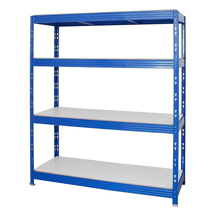 Proregal Schwerlastregal Profi RHINO - H x B x T: 180 x 160 x 60 cm, Traglast pro Boden: 500 kg, Anzahl Böden: 4 Stk., Stecken, Blau - Blaues Metallregal mit vier hellen Spanplattenböden.