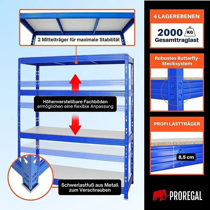 Proregal Schwerlastregal Profi RHINO - H x B x T: 180 x 160 x 60 cm, Traglast pro Boden: 500 kg, Anzahl Böden: 4 Stk., Stecken, Blau - Blaues Schwerlastregal mit 4 verstellbaren Fachböden, 2000 kg Gesamttraglast und robustem Butterfly-Stecksystem.