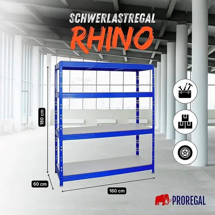Proregal Schwerlastregal Profi RHINO - H x B x T: 180 x 160 x 60 cm, Traglast pro Boden: 500 kg, Anzahl Böden: 4 Stk., Stecken, Blau - Blaues Schwerlastregal, 180x160x60 cm, mit vier stabilen Ablagen. Ideal für Werkzeuge, Kartons und Reifen in Lagerhallen.