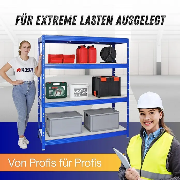 Proregal Schwerlastregal Profi RHINO - H x B x T: 180 x 160 x 60 cm, Traglast pro Boden: 500 kg, Anzahl Böden: 4 Stk., Stecken, Blau - Robustes blaues Metallregal, in professioneller Umgebung mit Gegenständen und Personen dargestellt, betont die hohe Tragfähigkeit.