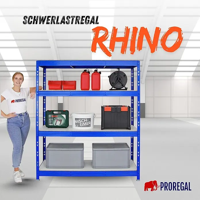 Proregal Schwerlastregal Profi RHINO - H x B x T: 180 x 160 x 60 cm, Traglast pro Boden: 500 kg, Anzahl Böden: 4 Stk., Stecken, Blau - Blaues PROREGAL RHINO Schwerlastregal aus Metall mit mehreren Böden, mit Frau zur Größenangabe.