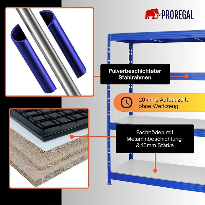 Proregal Schwerlastregal Profi RHINO - H x B x T: 180 x 160 x 60 cm, Traglast pro Boden: 500 kg, Anzahl Böden: 4 Stk., Stecken, Blau - Blaues pulverbeschichtetes Stahlregal mit melaminbeschichteten Fachböden und einfacher Montage.